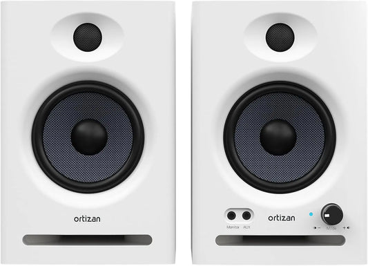 Pair of white ortizan audio bookshelf active studio monitors with black drivers usb dac hifi and trs balanced input