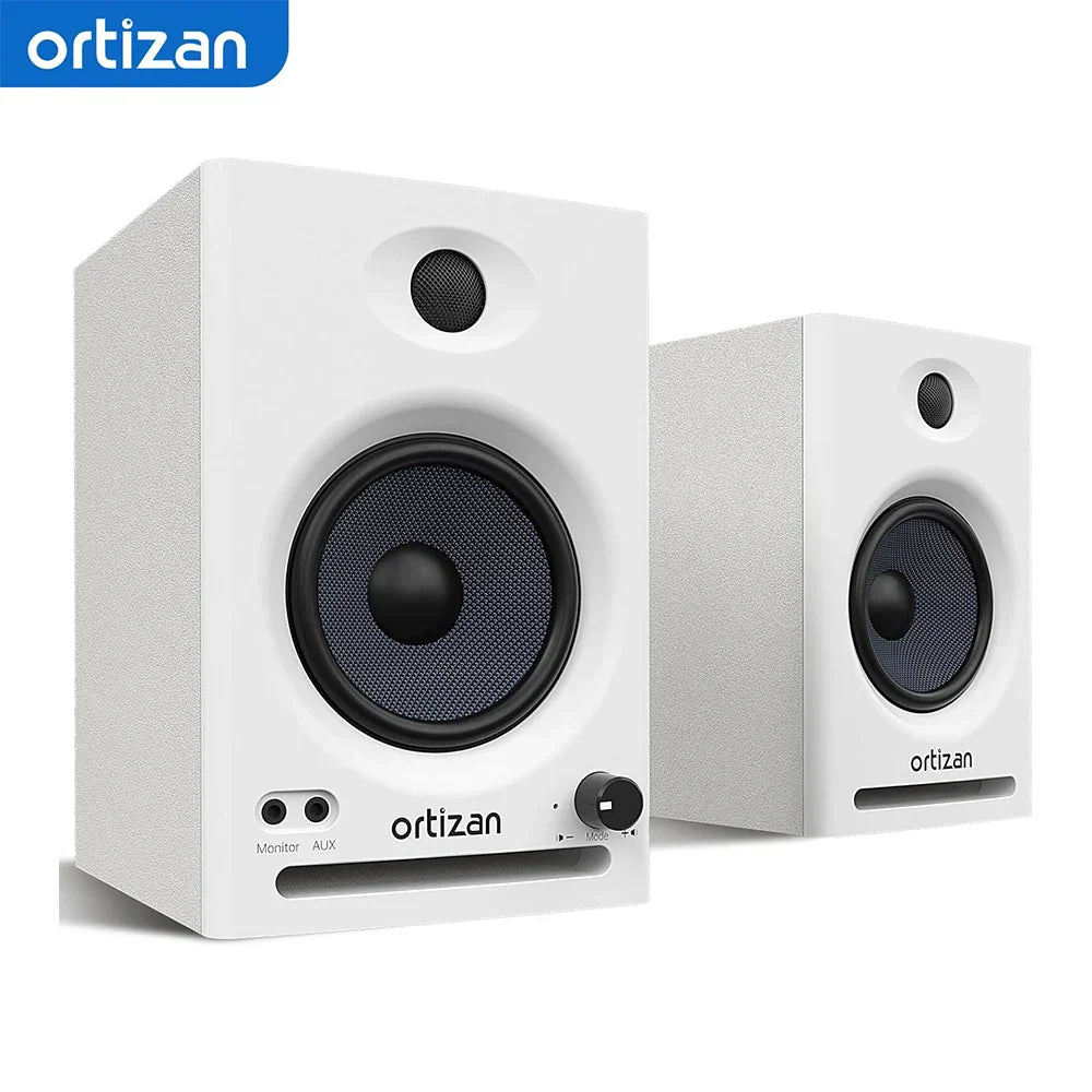 White ortizan c7 dual-mode active monitor speakers with black mesh drivers for near field music production and bluetooth computer speakers