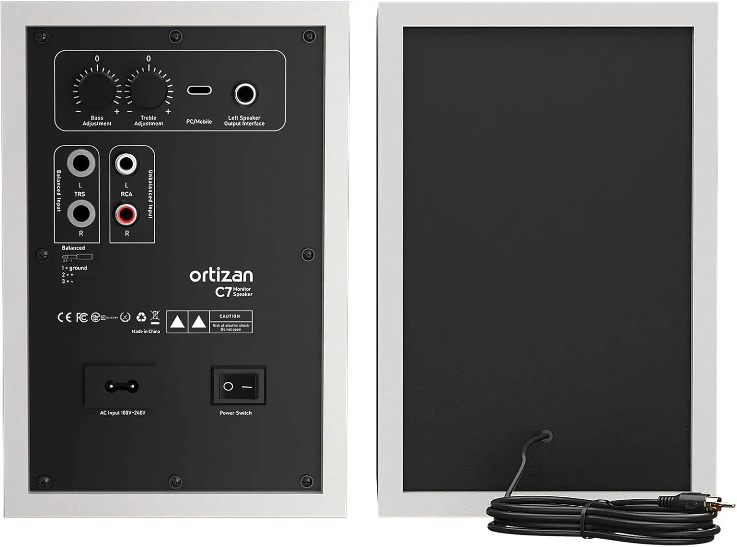 White-framed ortizan c7 active monitor speakers with black rear panel and control knobs for near field music production