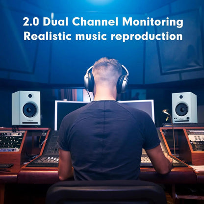 White Ortizan C7 dual-mode 2.0 active monitor speakers with black drivers and silver grilles for near field music production and Bluetooth computer speakers