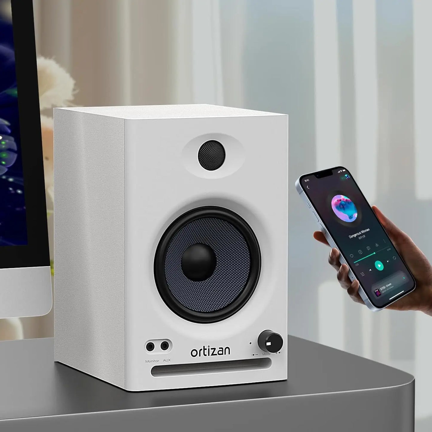 White ortizan c7 dual-mode studio monitor speaker with black grille and control knob for active monitor speakers and bluetooth computer speakers in near field music production
