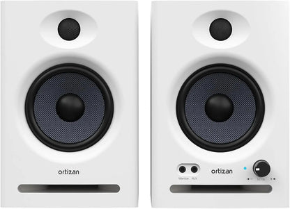 Pair of white ortizan c7 active monitor speakers with black drivers for near field music production and bluetooth use