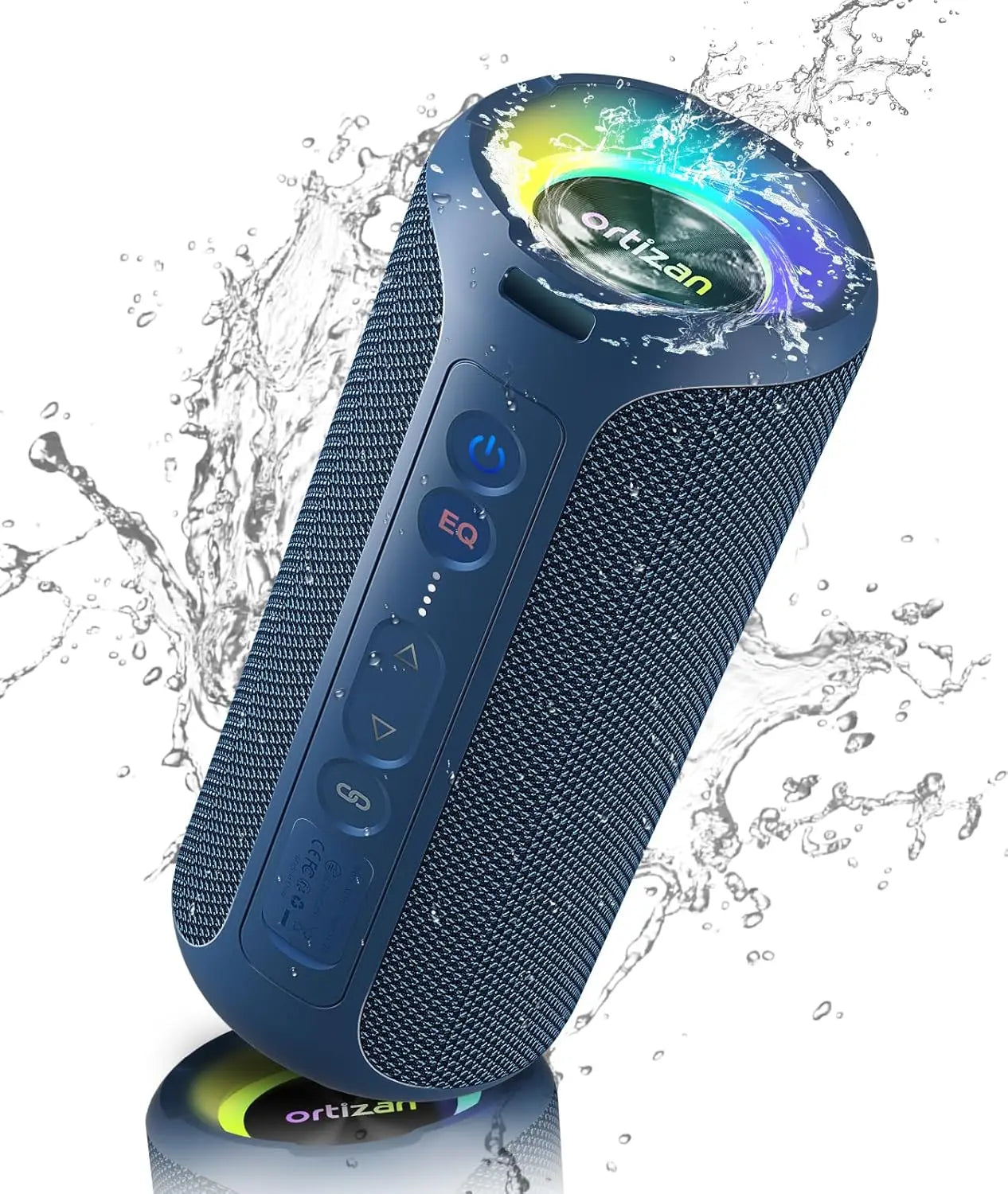 Dark blue textured ortizan x8 pro bluetooth speaker with glowing rainbow display and ipx7 waterproof rating