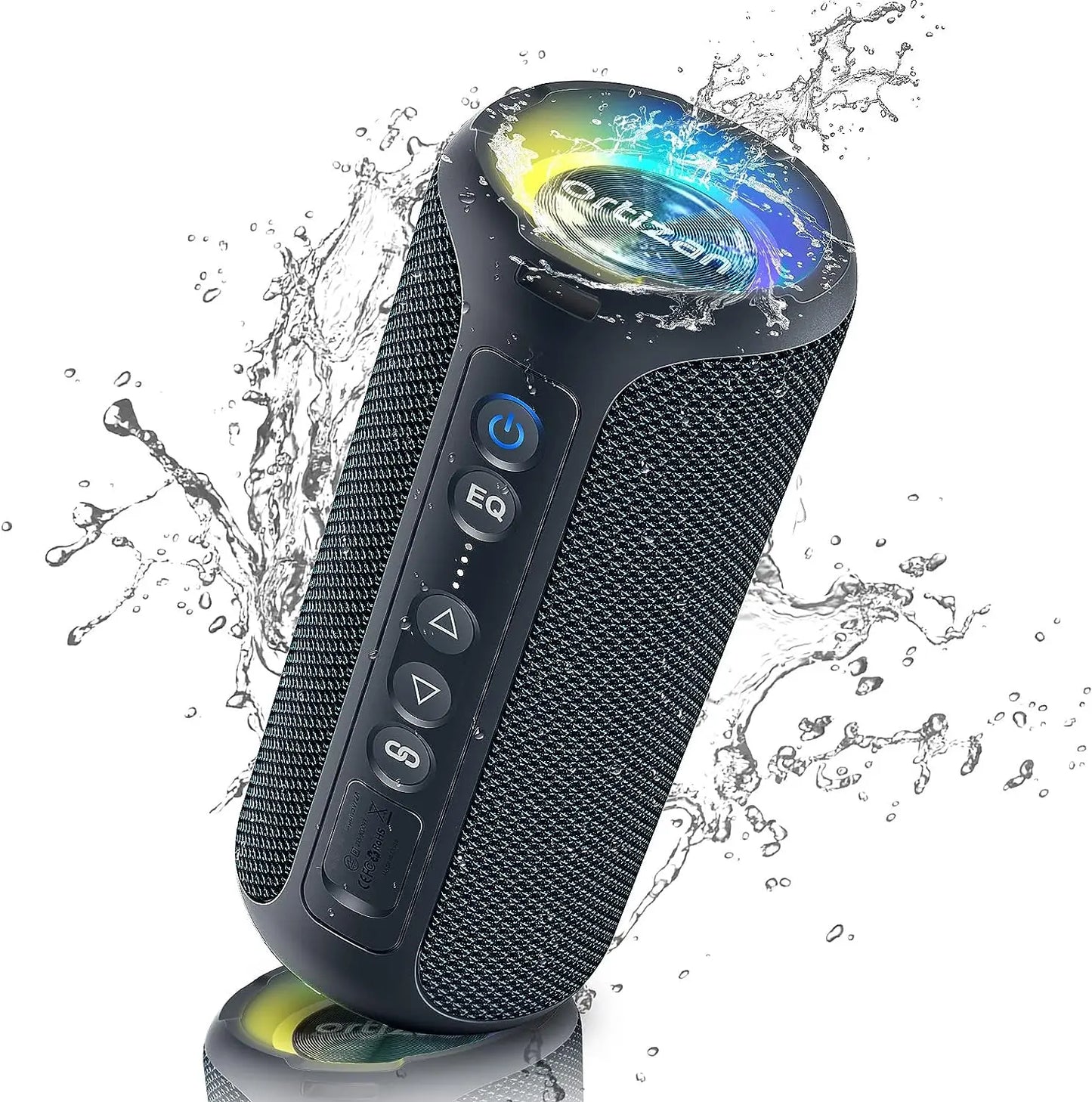 Black ortizan x8 pro bluetooth speaker with textured mesh body colorful led lighting and ipx7 waterproof design
