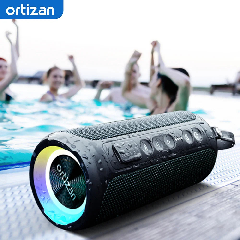 Black ortizan x8 pro bluetooth speaker with ipx7 waterproof rating, colorful led ring, and textured surface for portable use