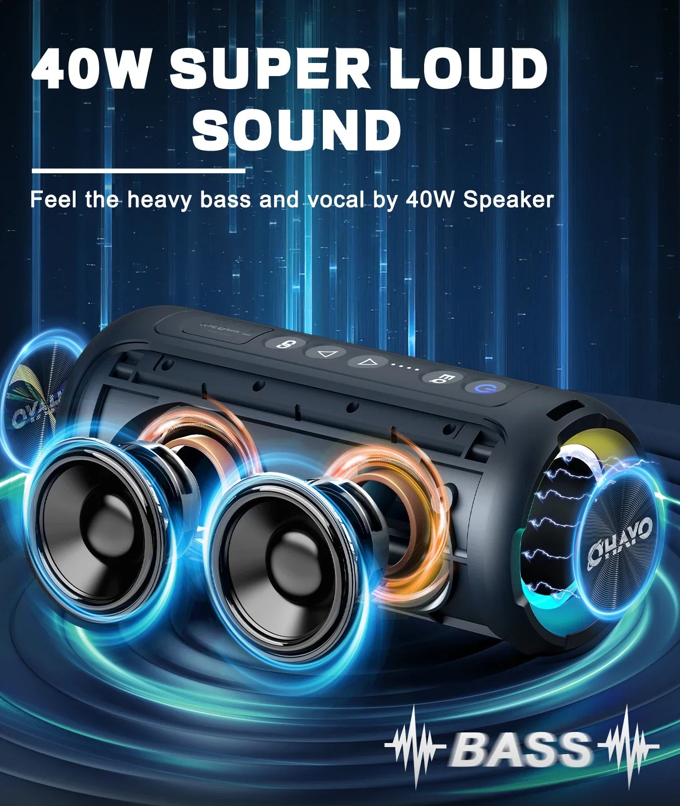 Black ortizan x8 pro bluetooth speaker with three circular drivers and glowing blue accents ipx7 waterproof design