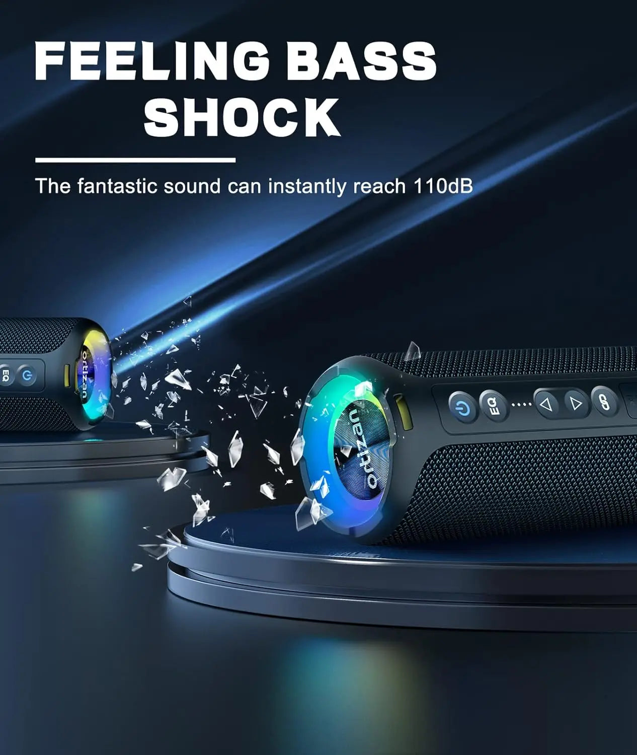 Black ortizan x8 pro bluetooth speaker with textured surface and glowing blue led lights ipx7 waterproof design