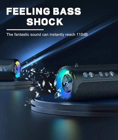 Black ortizan x8 pro bluetooth speaker with textured surface and glowing blue led lights ipx7 waterproof design