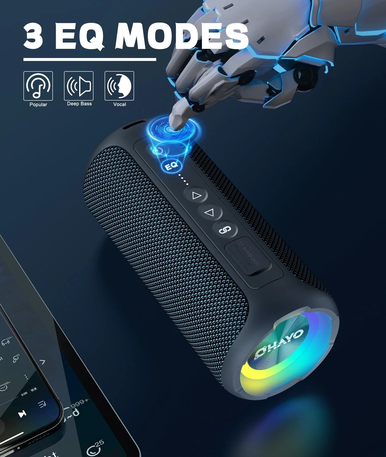 Black textured ortizan x8 pro bluetooth speaker with rainbow led lighting ipx7 waterproof portable bass boost sound box