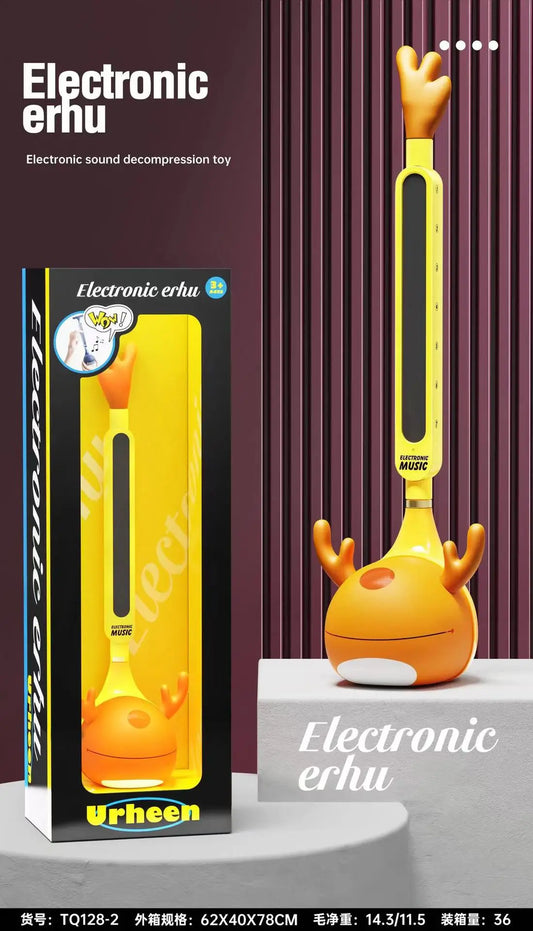 Bright yellow and orange otamatone electronic musical synthesizer toy deer with plastic body and glowing sound panel for kids