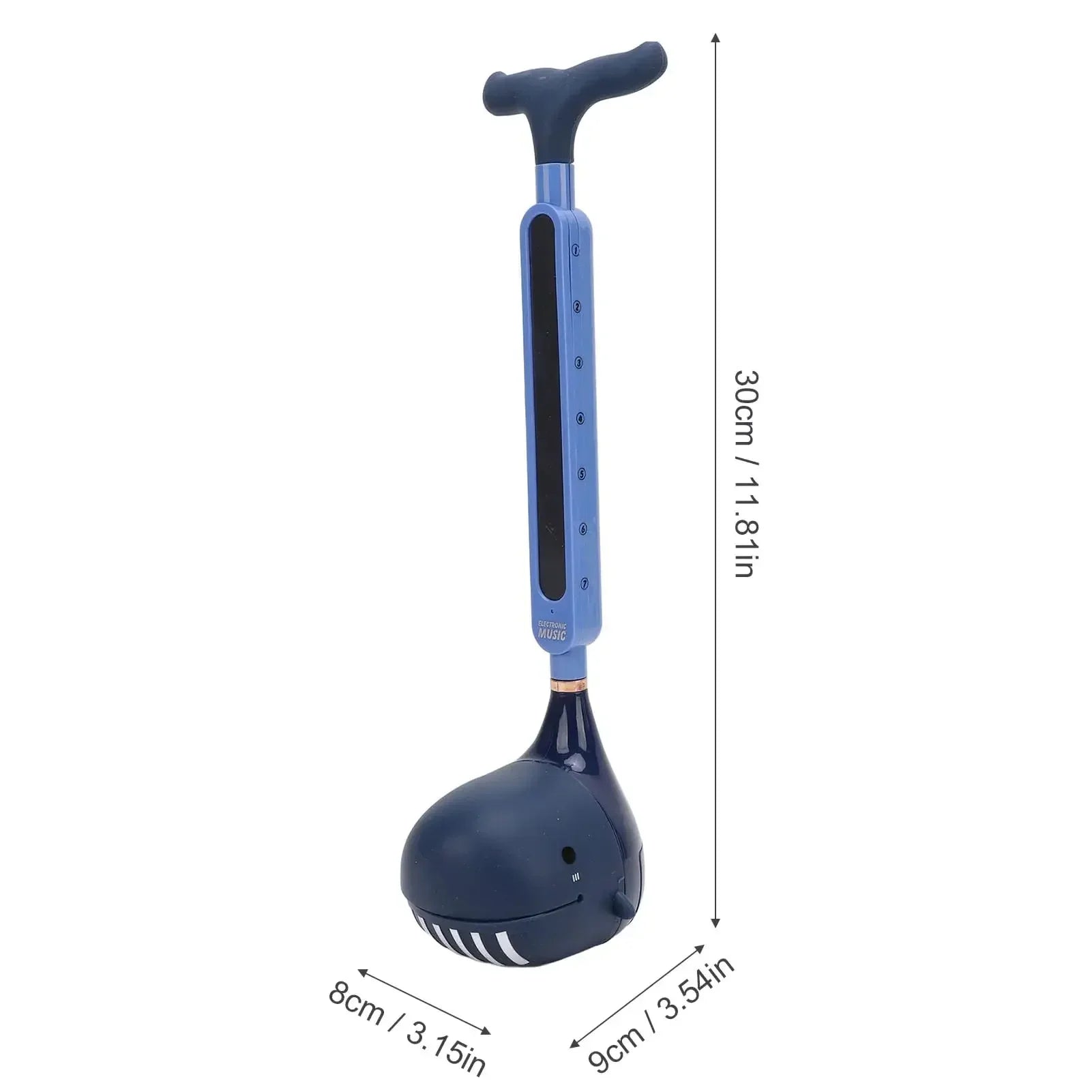 Navy blue plastic whale tadpole piano floor cleaner with t-handle and measurement markings for otamatone electronic musical toy