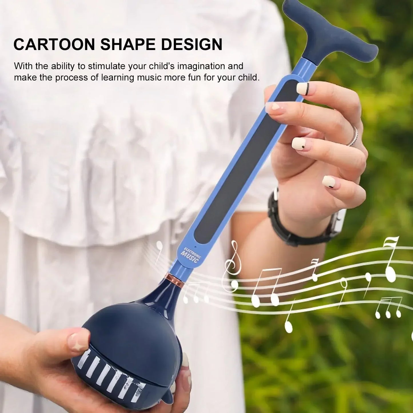 Blue and black otamatone electronic musical instrument toy portable synthesizer with t-handle grip for kids and adults