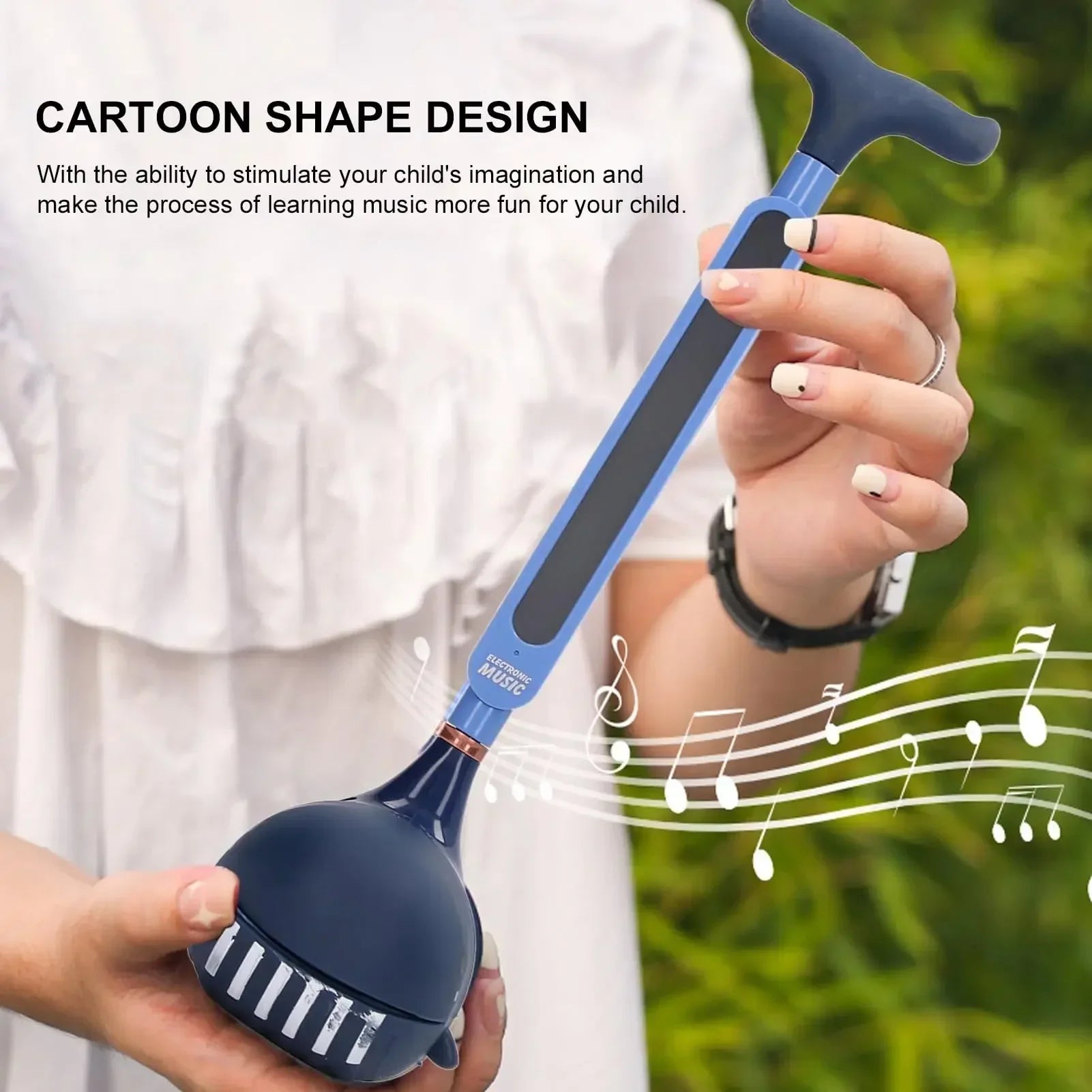 Blue and black otamatone electronic musical instrument toy portable synthesizer with t-handle grip for kids and adults