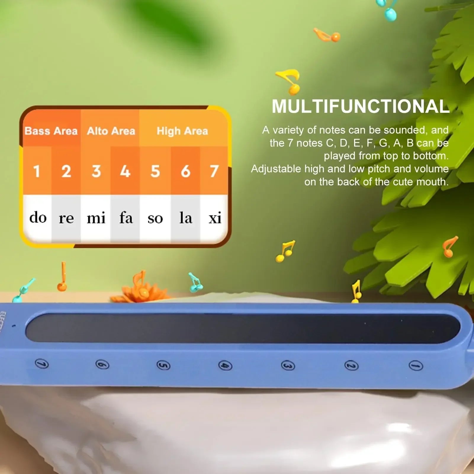 Blue plastic otamatone electronic musical toy portable synthesizer with seven note buttons and digital display for education