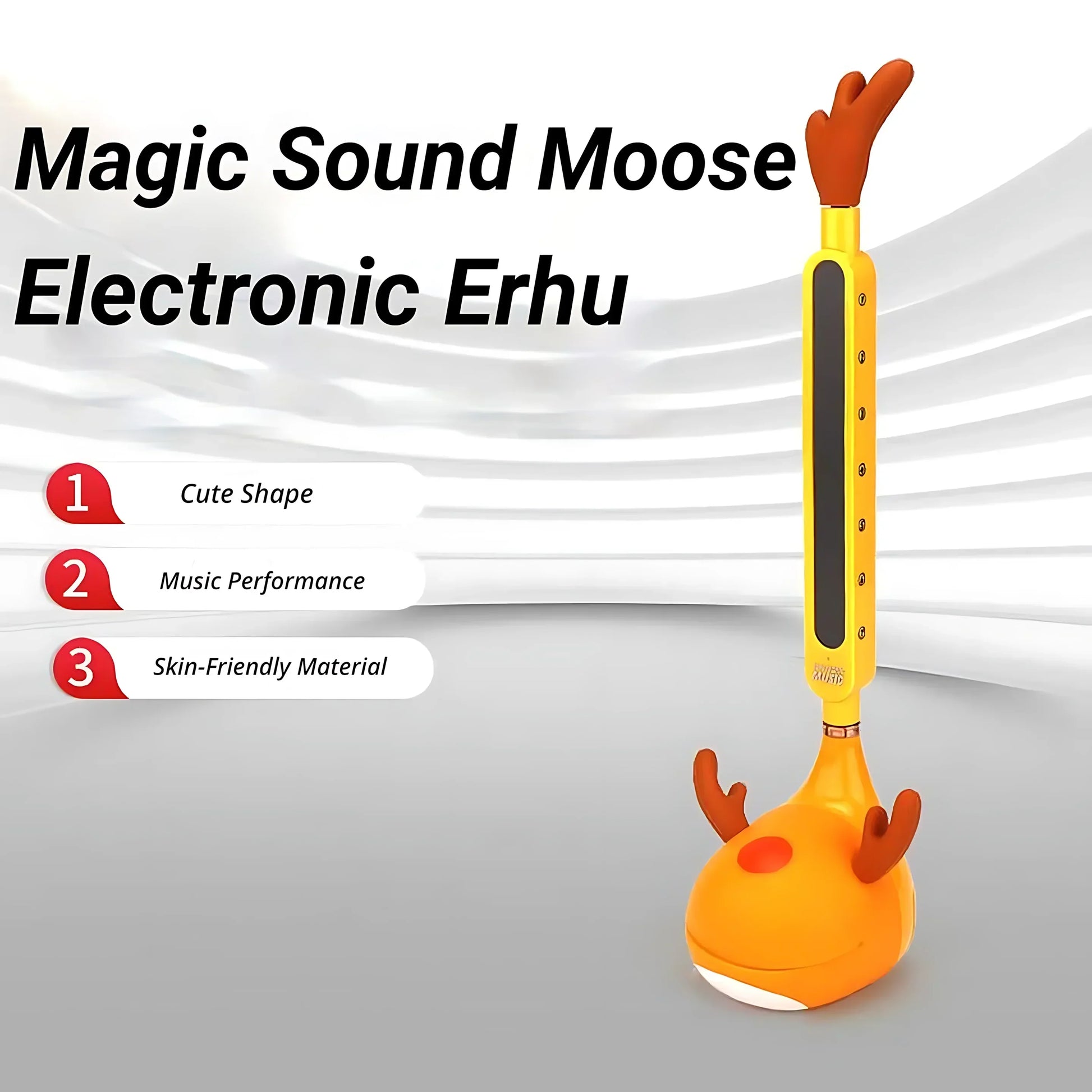 A bright yellow and orange otamatone electronic musical toy portable synthesizer shaped like a moose with plastic body