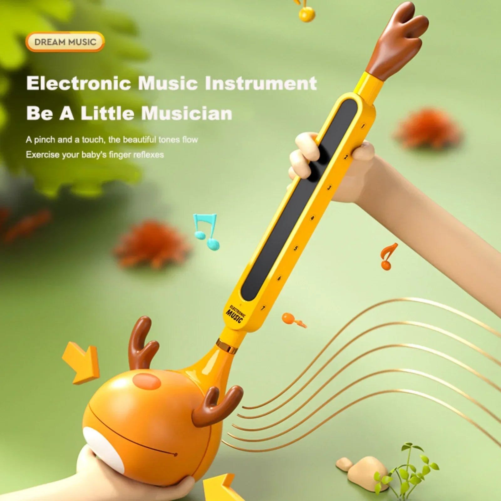 Yellow and orange otamatone electronic musical toy portable synthesizer with wooden antlers and black touch panel