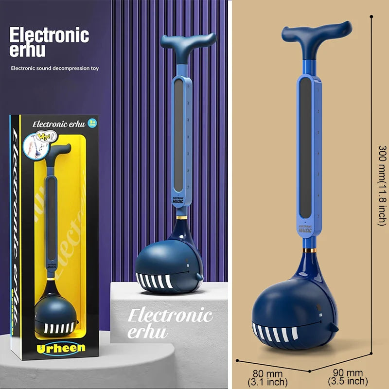 Blue plastic otamatone japanese electronic synthesizer tadpole kawaii with whale-shaped body and white striped details