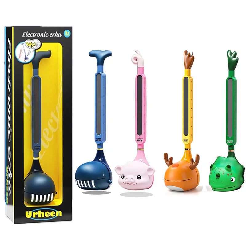 Set of colorful otamatone japanese electronic synthesizer tadpole kawaii toys with usb charging animal-shaped bases in blue pink orange green
