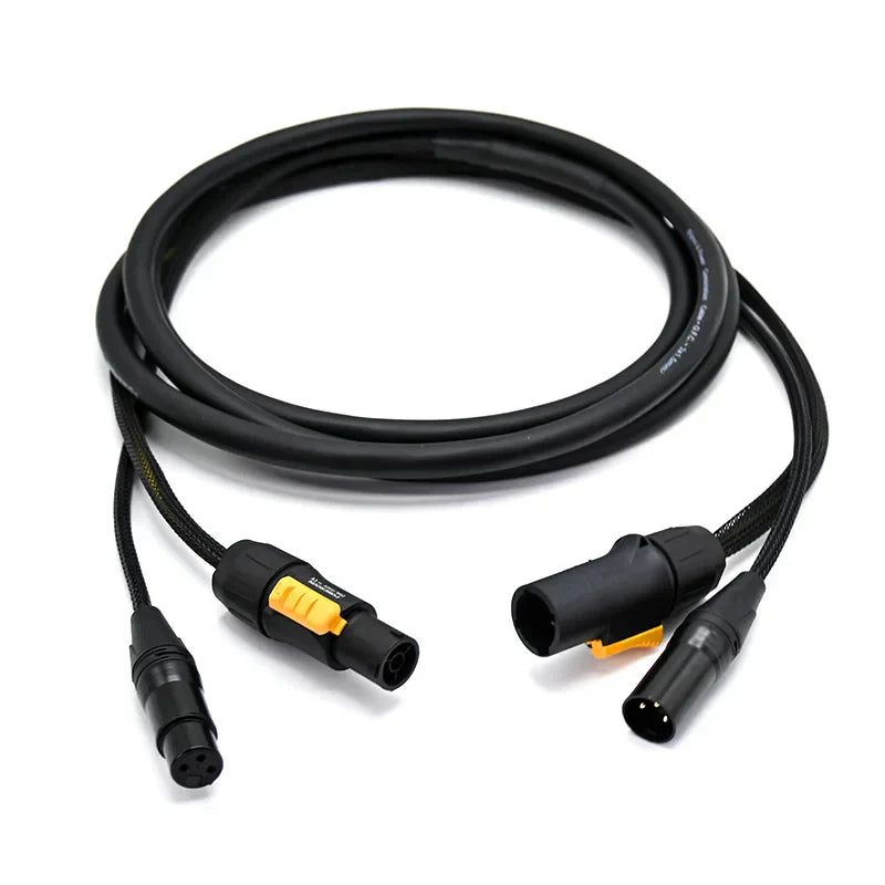 Black coiled outdoor 3 pin dmx xlr true1 combi cable with yellow accents ip65 speaker moving head use