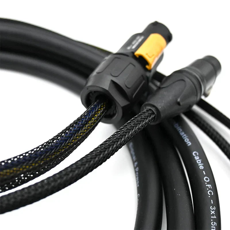 Black braided outdoor 3 pin dmx truecon combo cable with yellow black xlr true1 combi connector for speaker moving head