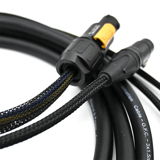 Black braided outdoor 3 pin dmx truecon combo cable with yellow black xlr true1 combi connector for speaker moving head