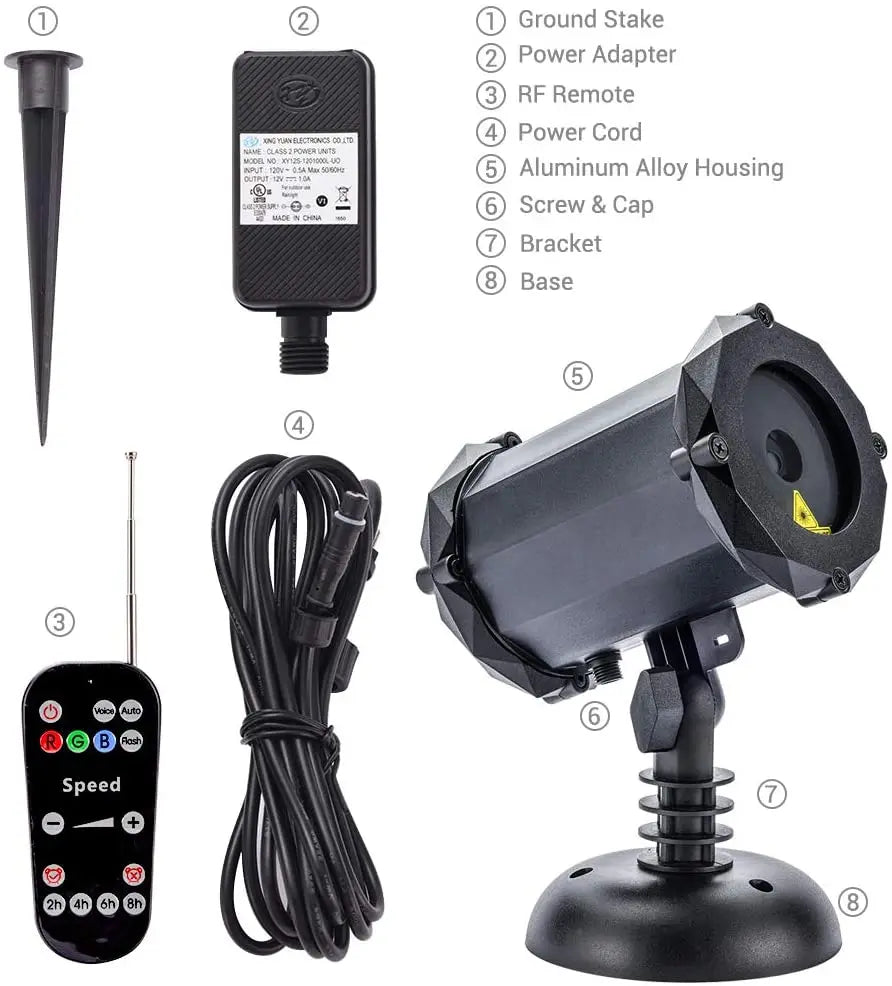 Black aluminum alloy laser light projector with hexagonal housing and adjustable stand for rgb holiday lighting and christmas patterns