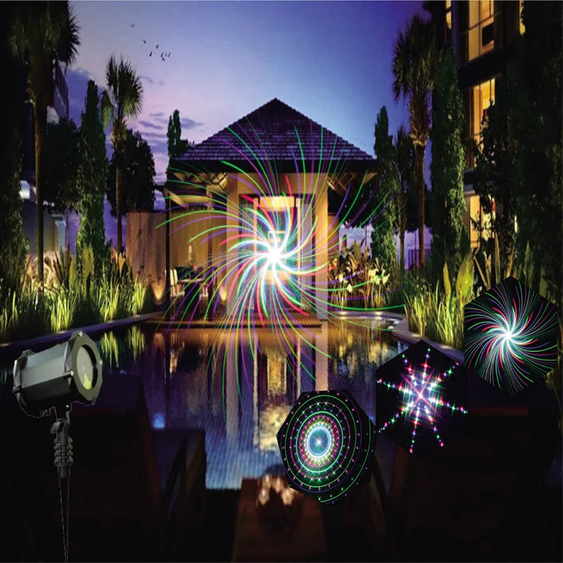 A sleek metallic outdoor laser projector displays vibrant rgb holiday lighting with multi pattern decorations for christmas