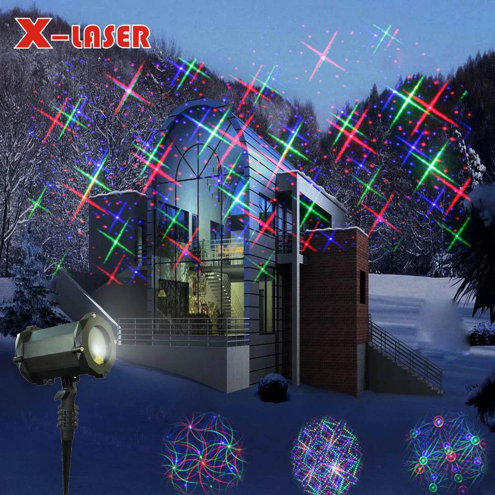 X-laser outdoor light projector christmas with rgb holiday lighting casting colorful multi pattern decorations on snowy house