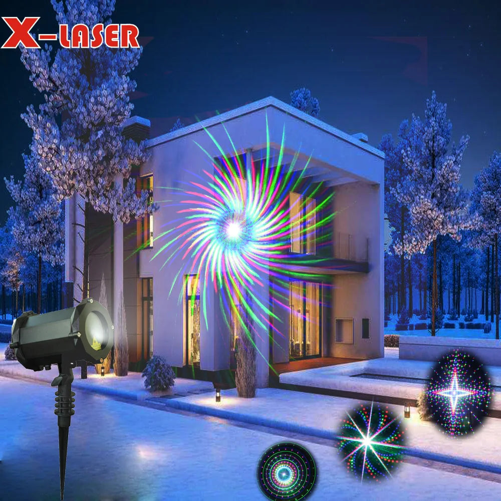 X-laser outdoor laser projector casting vibrant rgb holiday lighting with multi pattern decorations on a snowy house facade