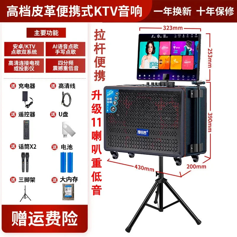 Black leather portable outdoor ktv audio machine home karaoke with built-in touchscreen display and wheels for mobility