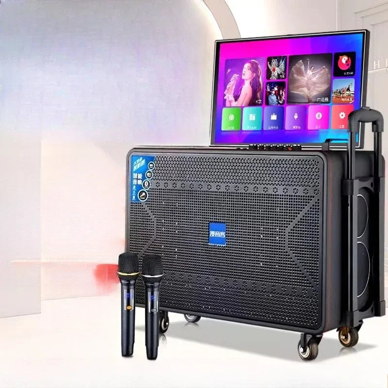 Black portable outdoor ktv audio all-in-one machine home karaoke with built-in display karaoke speakers and wheels