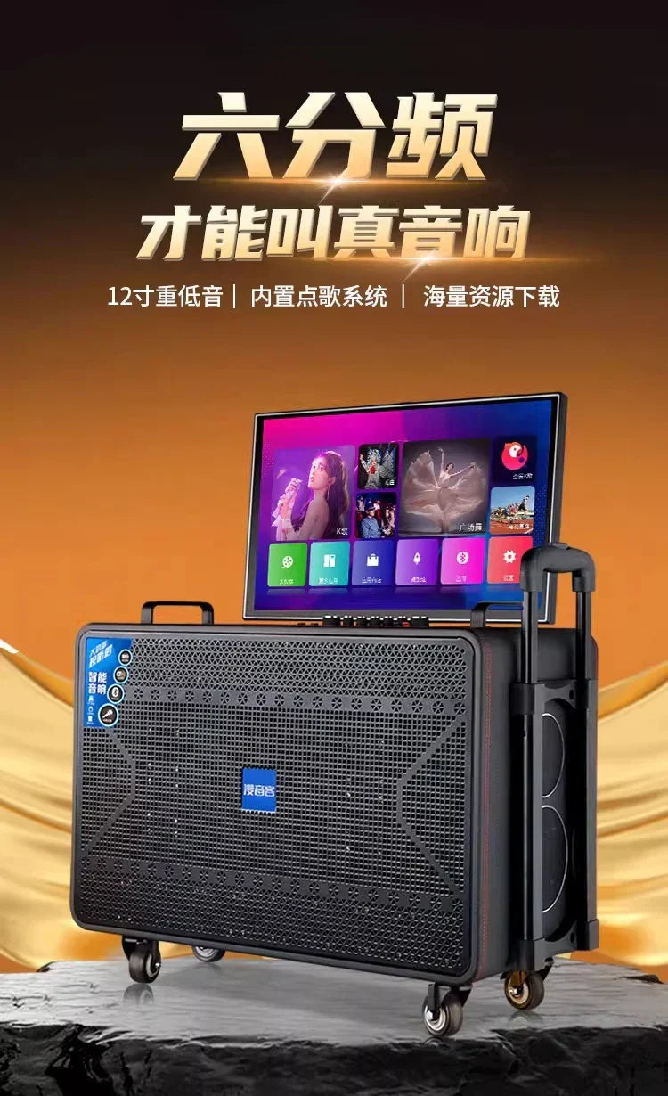 Black portable outdoor ktv audio machine home karaoke with built-in display karaoke speakers and wheels for mobility