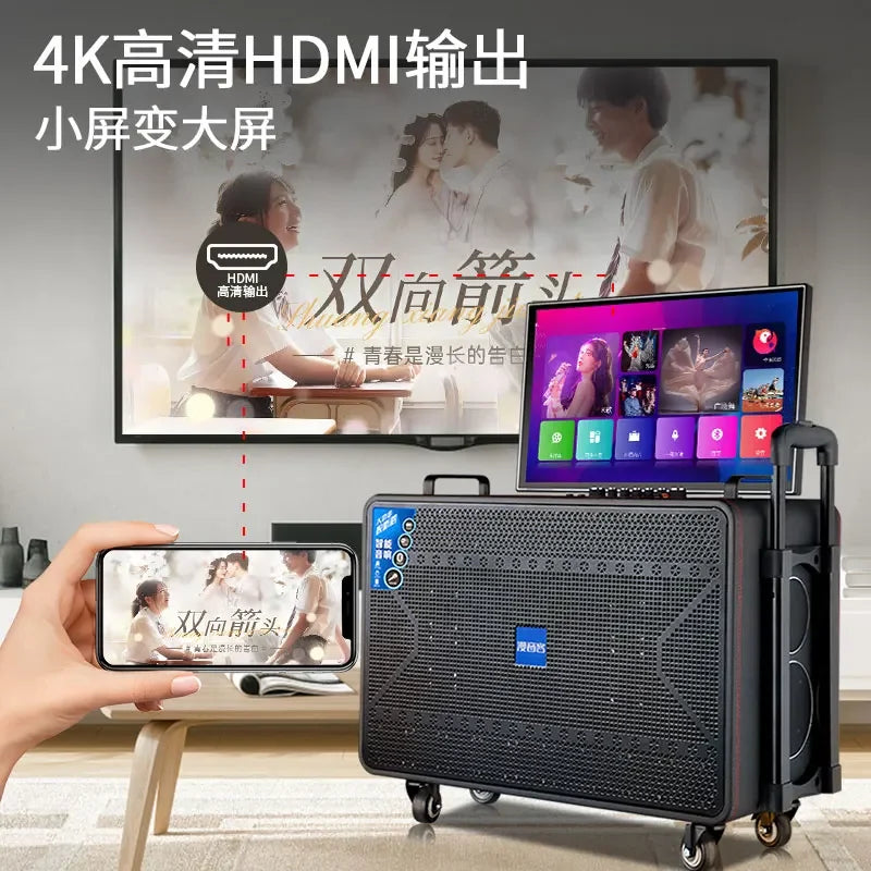 Black portable outdoor ktv audio machine home karaoke with wheels and built-in screen display karaoke speakers