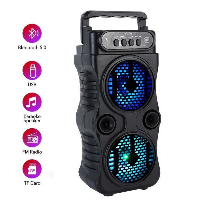 Black portable wireless speaker with stereo subwoofer bass, blue led lights, and handle for dancing party family use