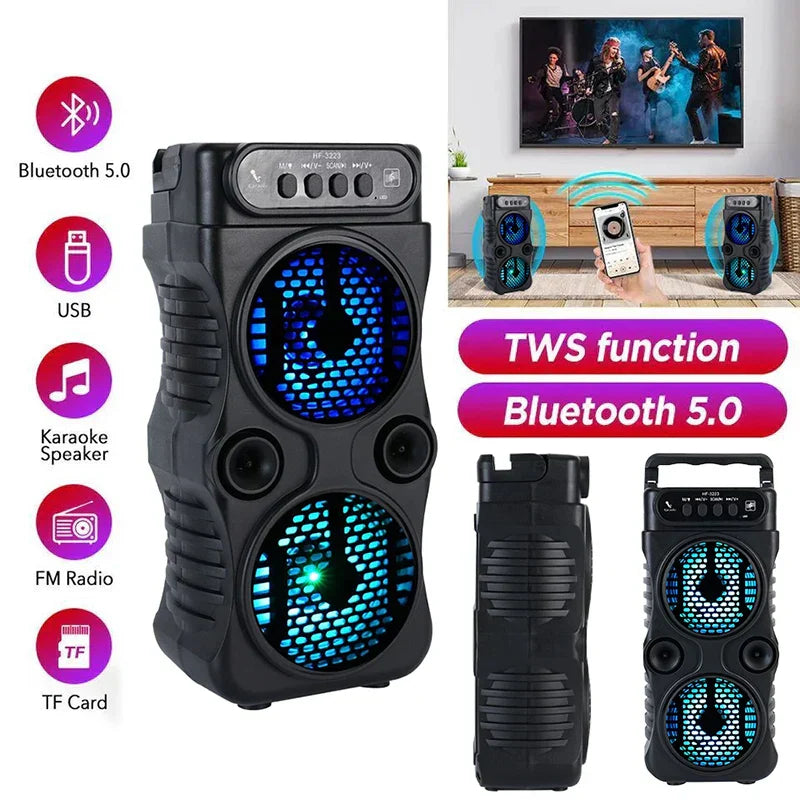 Black portable wireless speaker with dual led-lit drivers and rugged design for music stereo subwoofer dancing party family use