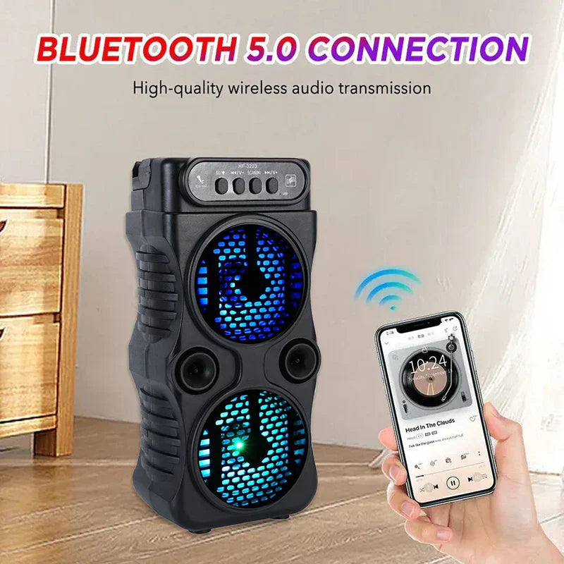 Black portable wireless speaker with bluetooth 5.0 blue led mesh grilles stereo subwoofer bass for dancing party family