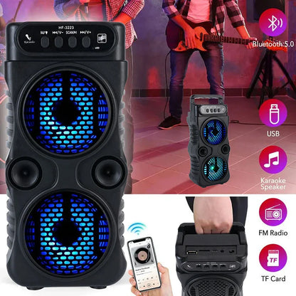 Black hf-3223 bluetooth karaoke speaker with blue led-lit mesh grilles and multiple ports for high quality outdoor activities