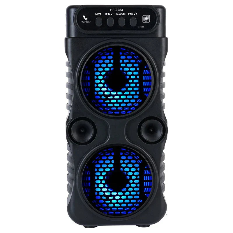 Black portable wireless speaker with dual 3 inch music stereo subwoofer blue led drivers for dancing party family use