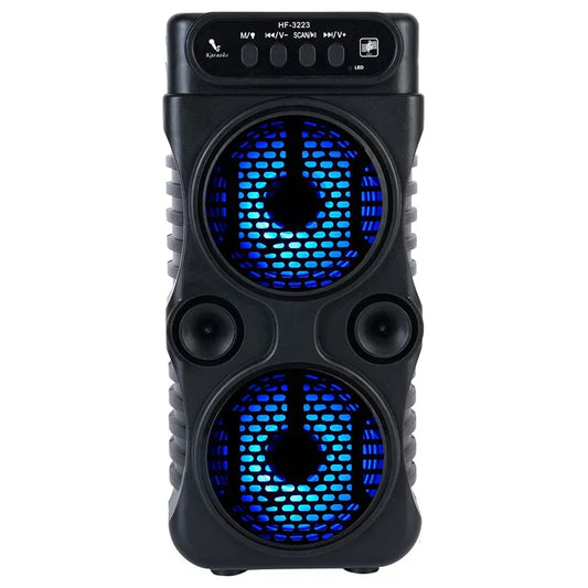 Black portable wireless speaker with dual 3 inch music stereo subwoofer blue led drivers for dancing party family use