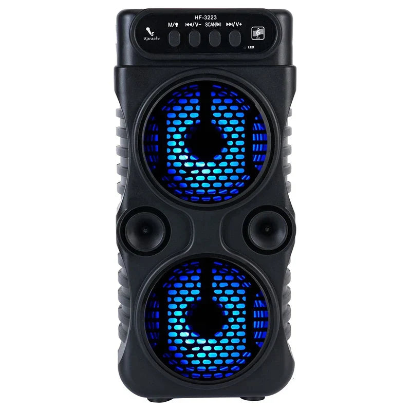 Black outdoor portable wireless speaker with dual 3 inch subwoofers and blue led lights for high quality music enjoyment