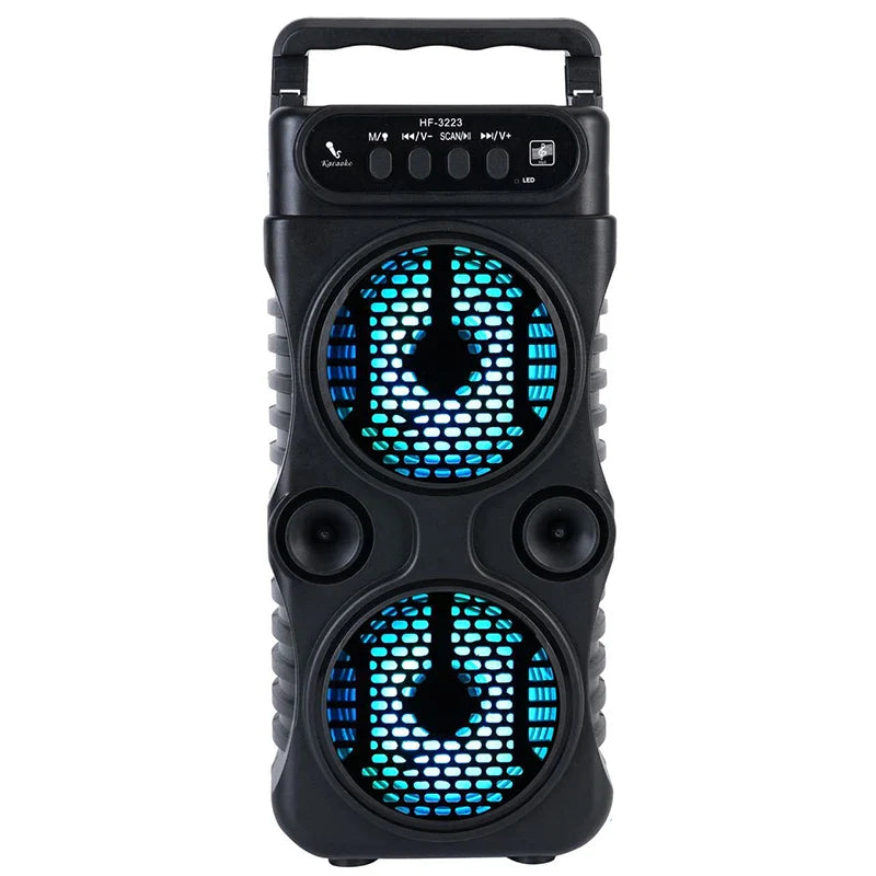 Black portable wireless speaker with blue led dual 3 inch subwoofer for high quality music and outdoor activities enjoyment
