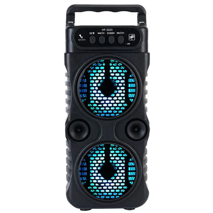 Black portable wireless speaker with blue led dual 3 inch subwoofer for high quality music and outdoor activities enjoyment