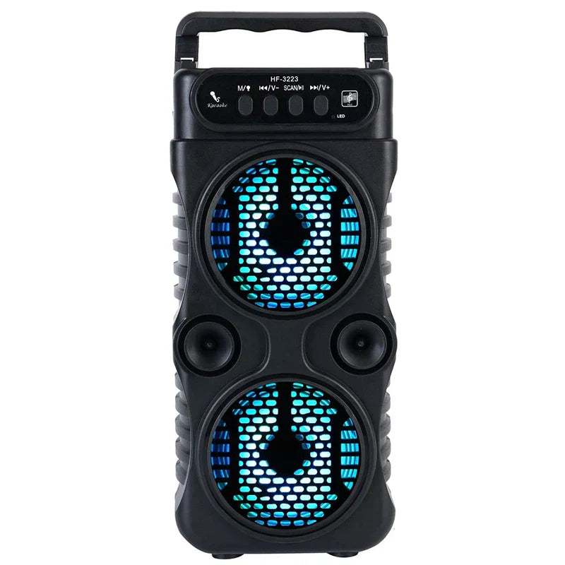 Black portable wireless speaker with dual 3 inch stereo subwoofer bass and blue led lighting for dancing party family use