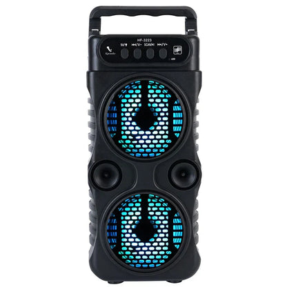 Black portable wireless speaker with dual 3 inch music stereo subwoofer and blue led lighting for dancing party family use