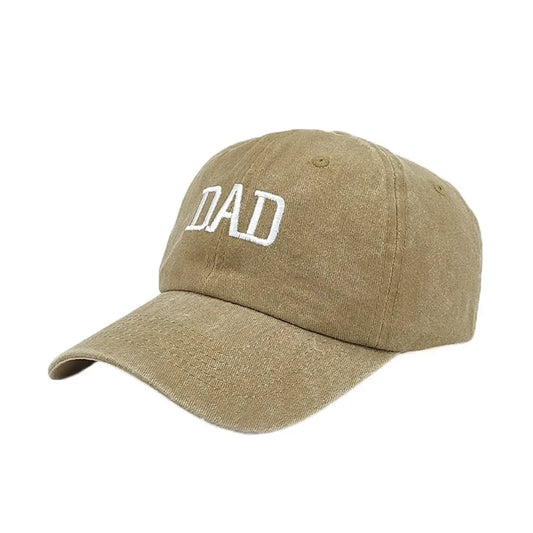 Khaki dad baseball cap with white dad mom embroidery featuring vintage distressed design for outdoor sports visors