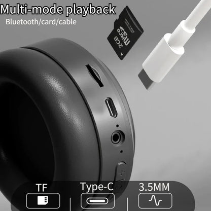 Black over ear wireless headphones with matte finish featuring tf card slot and type c charging port support tf aux