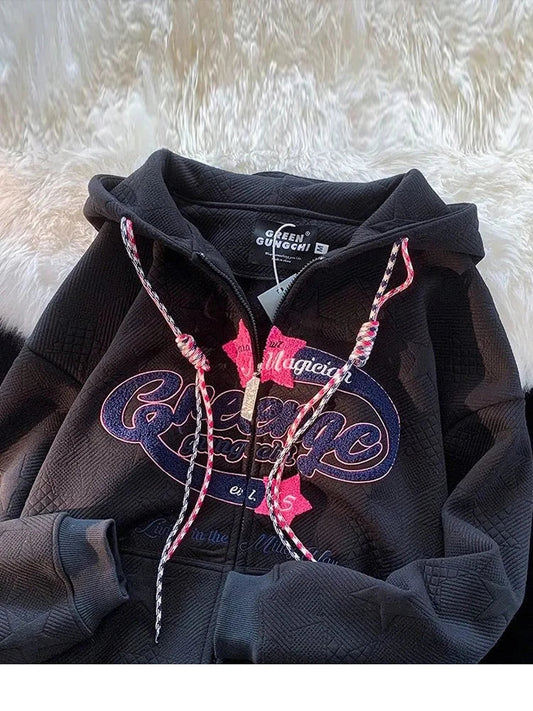 Black quilted oversized hooded sweatshirt women harajuku with glittery purple pink logo and braided drawstrings female korean fashion