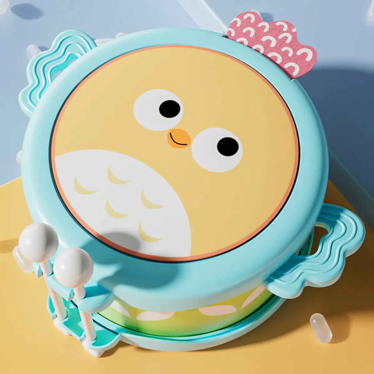 Turquoise owl double sided tambourine with yellow face white feathers and pink bow education musical instrument for motor skills hand coordination