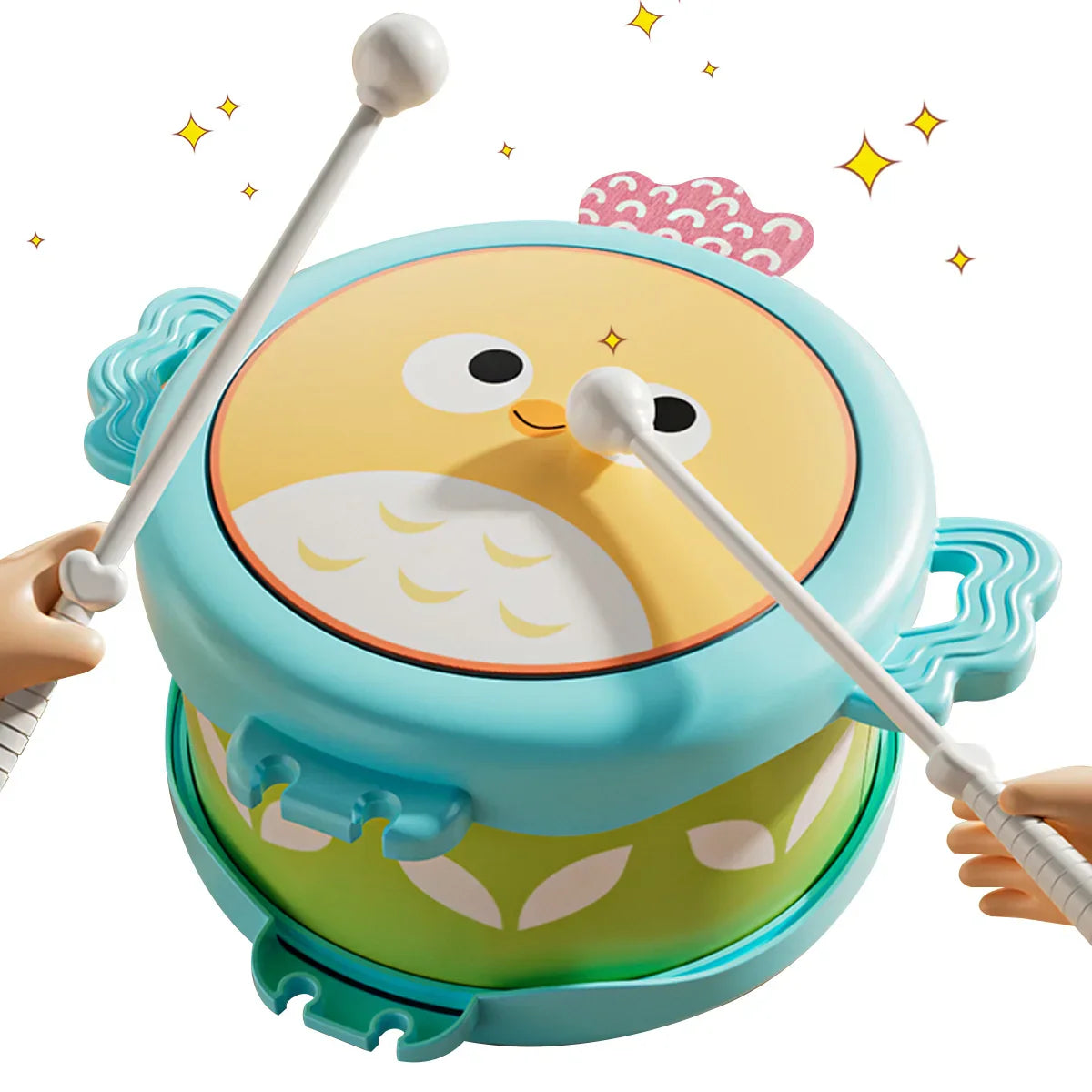 Owl double sided turquoise and green drum education musical instrument enhancing motor skills hand coordination