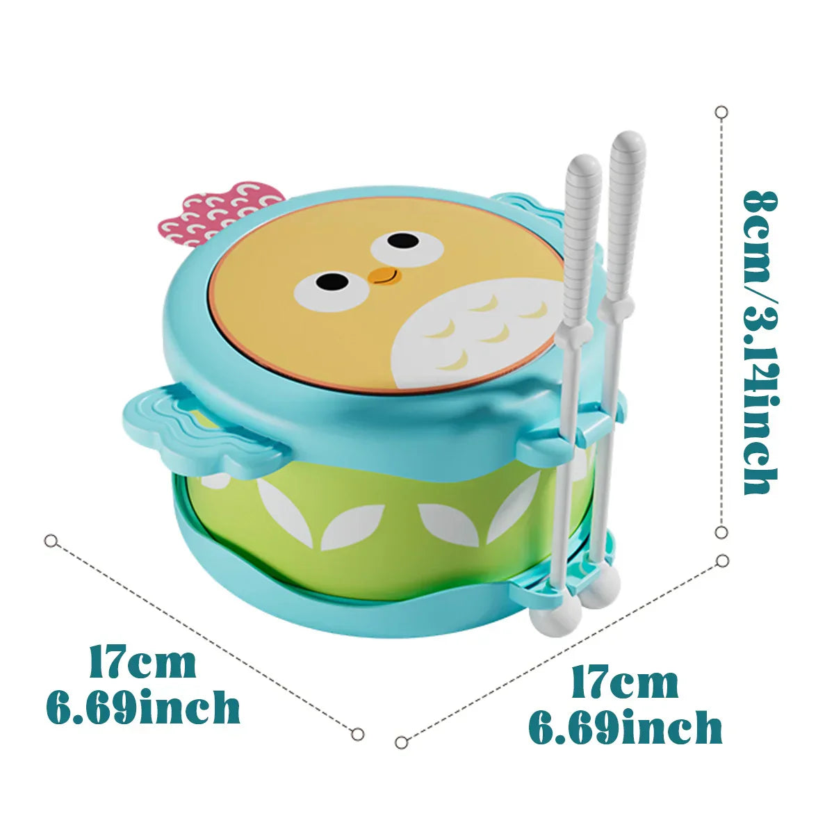Colorful owl double sided plastic drum with yellow face blue body and green base education musical instrument for motor skills hand development